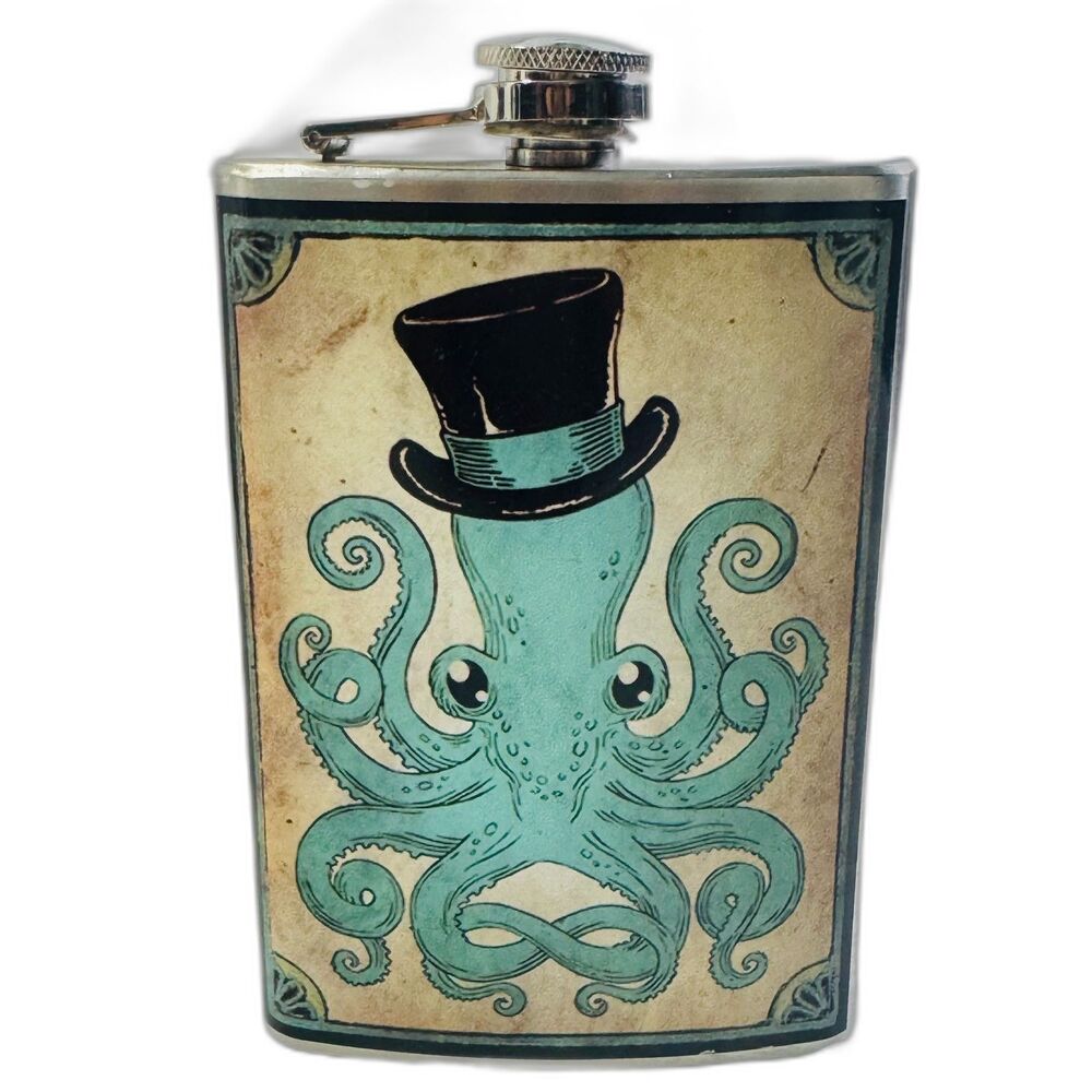 Trixie & Milo 8oz Stainless Steel Flask Top Hat Octopus Flask Nautical Steampunk